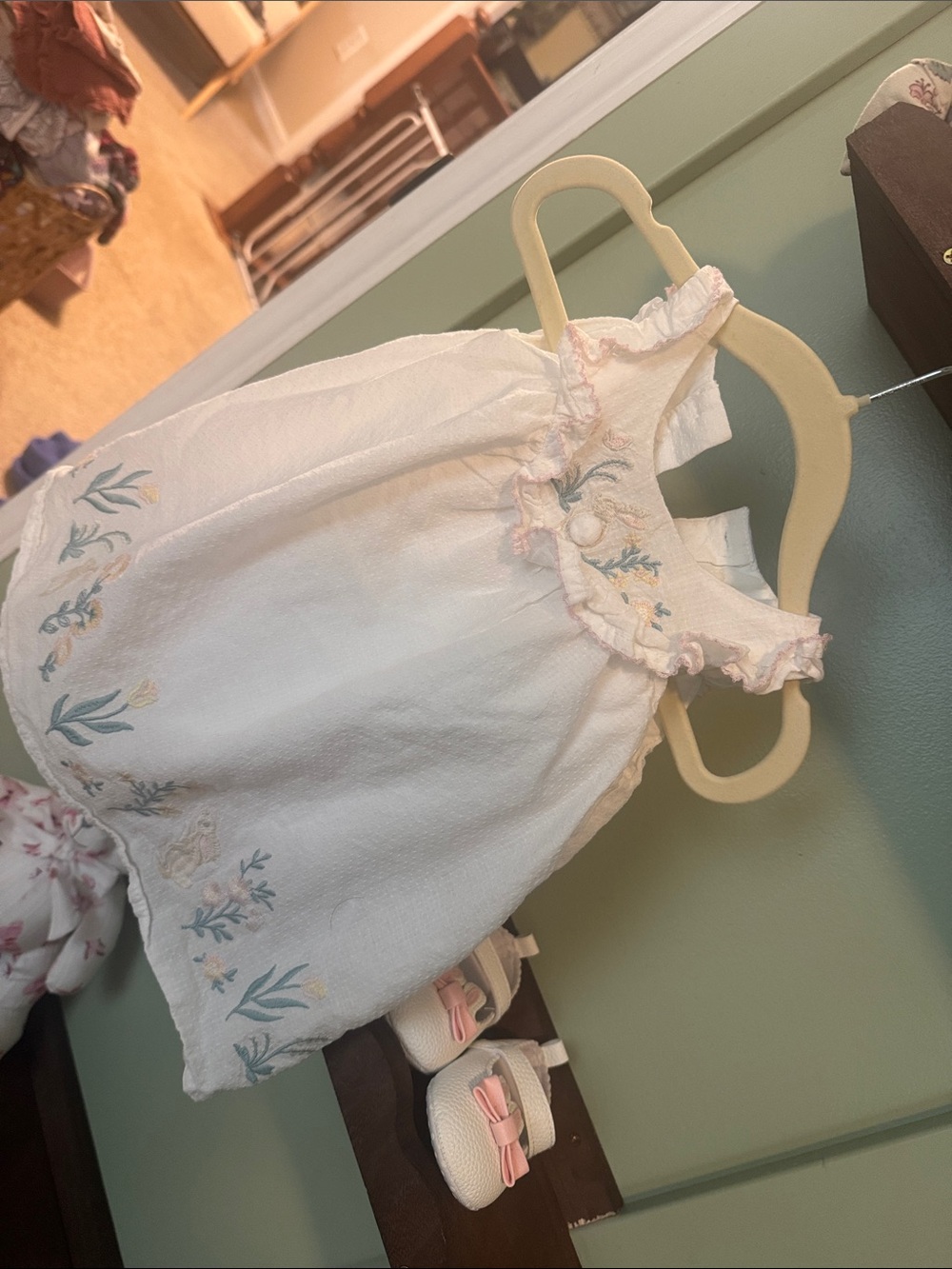 Easter bunny White Baby Dress with buttons with Pastel Floral Embroidery 0-3 m